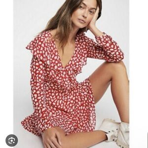 Free People Women's Frenchie Wrap Chiffon Mini Dress, Red holiday ruffle lined